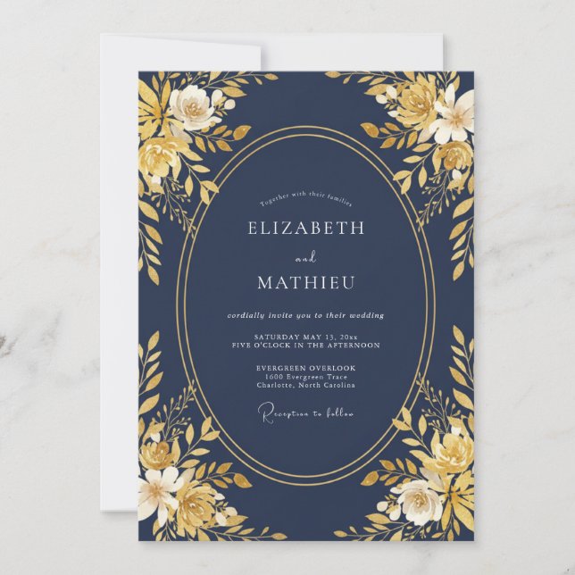 Midnight Warm Gold Petal Wedding Invitation (Front)