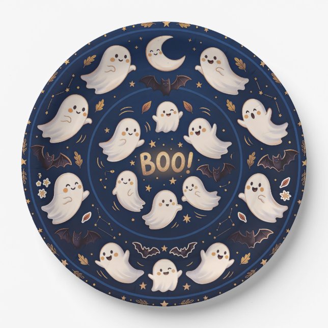 Midnight Whimsy Celestial Ghost Mandala Boo Paper Plate (Front)
