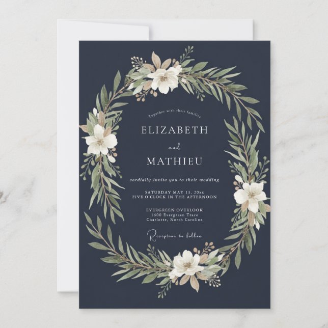 Midnight White Wreath Wedding Invitation (Front)