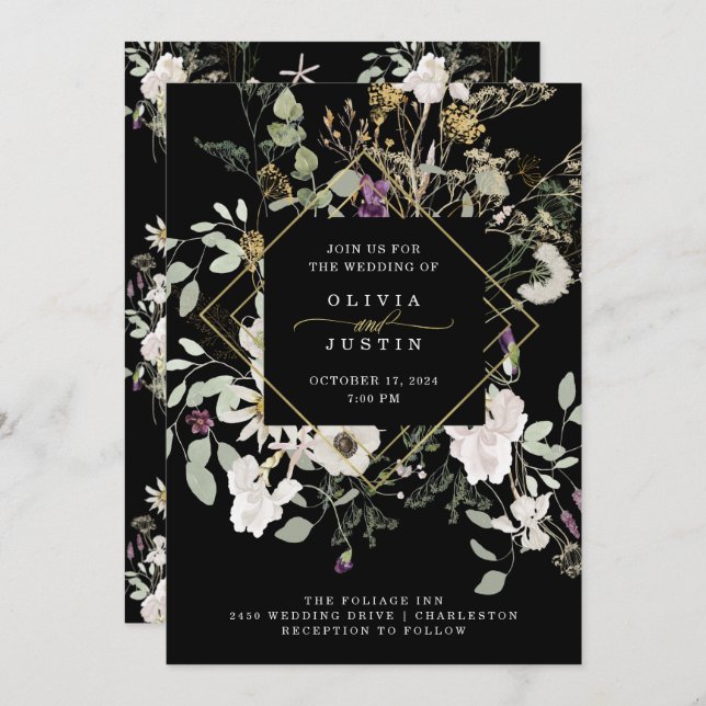 Midnight Wildflowers | Black Geometric Wedding Invitation (Front/Back)