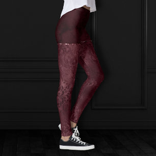 Midnight Wine Romance   Dark Satiny Grunge Damask Leggings