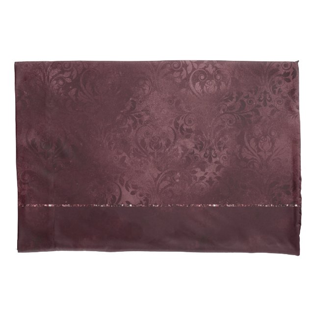 Midnight Wine Romance | Dark Satiny Grunge Damask Pillowcase (Front)