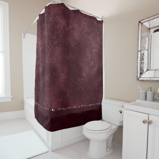 Midnight Wine Romance | Dark Satiny Grunge Damask Shower Curtain (In Situ)