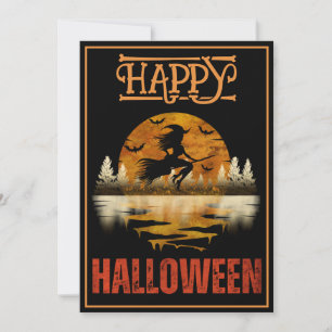 MIDNIGHT WITCH ON BROOM MOONLIGHT HALLOWEEN NIGHT INVITATION