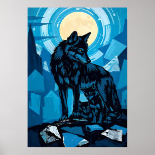 Midnight Wolf Family Under Full Moon Poster