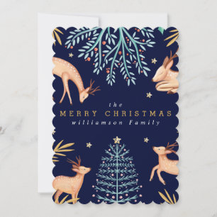 Midnight Woodland Forest Reindeer & Christmas Tree Holiday Card