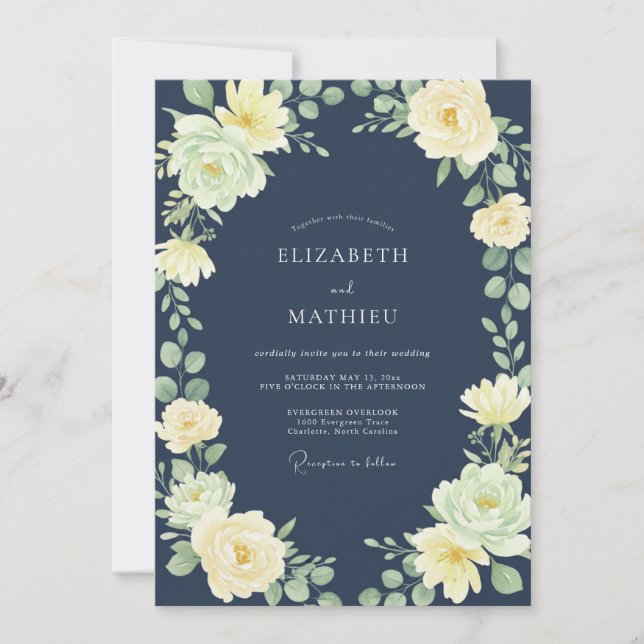 Midnight Yellow Petal Wedding Invitation (Front)