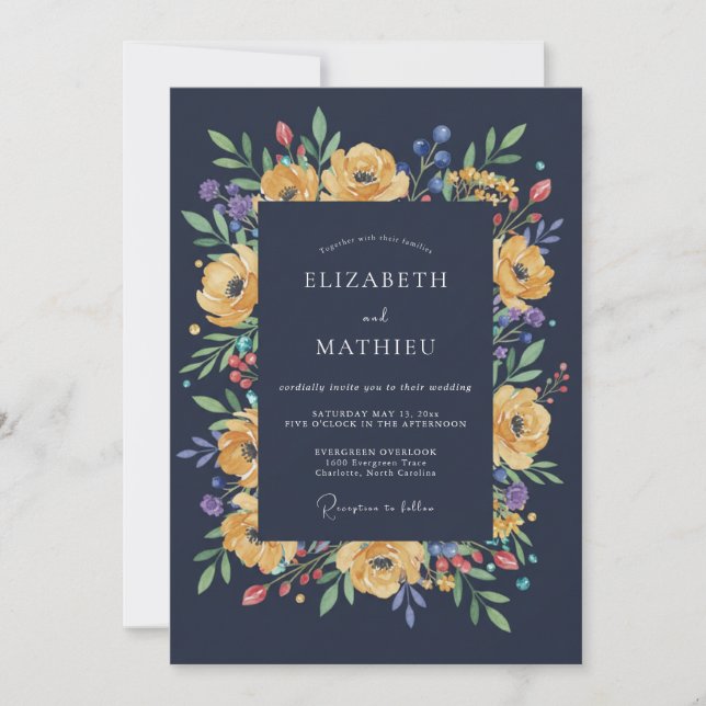 Midnight Yellow Ranunculus Eucalyptus Wedding Invitation (Front)