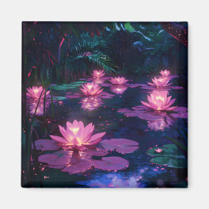 Midnight Zen Nature Pink Lotus Pond Magnet