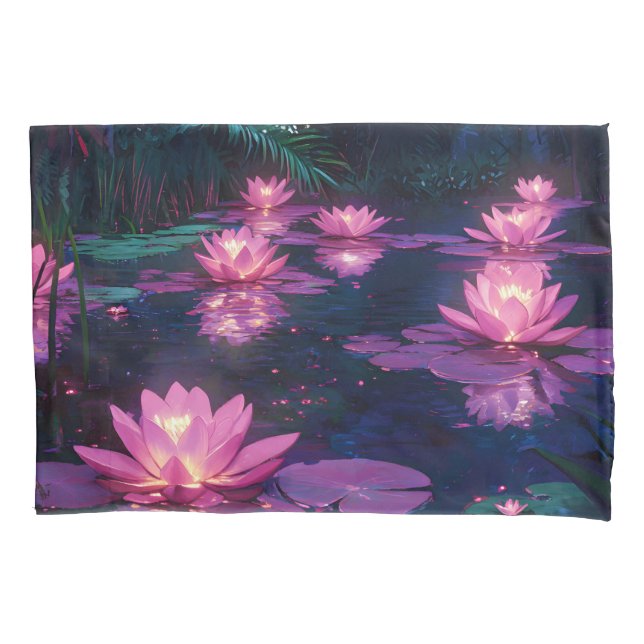 Midnight Zen Nature Pink Lotus Pond Pillowcase (Front)