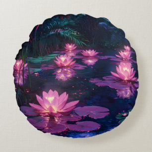 Midnight Zen Nature Pink Lotus Pond Round Cushion