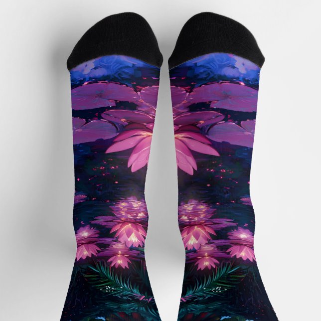 Midnight Zen Nature Pink Lotus Pond Socks (Top)