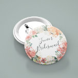 Midsummer Floral Junior Bridesmaid 6 Cm Round Badge<br><div class="desc">Identify the key players at your bridal shower with our elegant,  sweetly chic floral buttons. Button features a watercolor floral wreath of peachy pink peonies,  white hydrangea flowers and botanical greenery with "junior bridesmaid" inscribed inside in hand lettered script.</div>