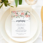 Midsummer Floral Menu Card<br><div class="desc">Charming summer floral menu displays your dinner selections in chic calligraphy and traditional block lettering,  accented by a top border of pastel watercolor flowers and foliage in shades of blush pink,  peach and sage green. Designed to match our elegant Midsummer floral wedding collection.</div>