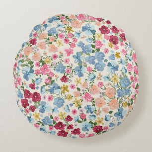 Midsummer meadow, blooming plant pattern. round cushion