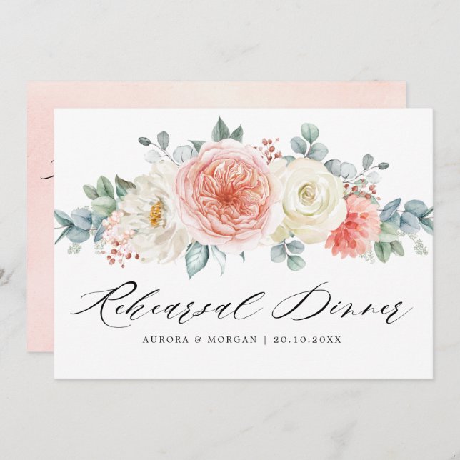 Midsummer Peach Pastel Floral Rehearsal Dinner Invitation (Front/Back)