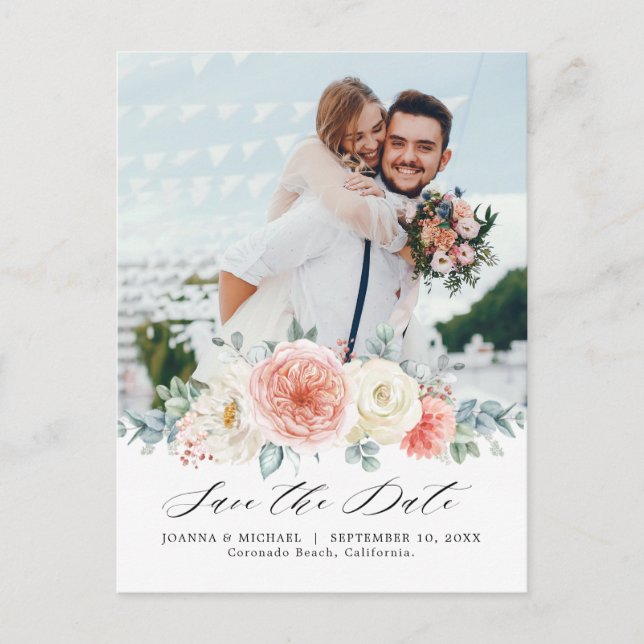 Midsummer Peach Pastel Pink Floral Save the date Postcard (Front)