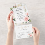 Midsummer Peach Pastel Pink Floral Wedding All In One Invitation<br><div class="desc">Elegant and modern floral midsummer wedding invitation features a bouquet of soft pastel watercolor roses, peonies , ranunculus , and dahlias in shades of blush pink, peach and cream, ivory, white with lush green botanical leaves and eucalyptus. Please find more matching designs and variations from my "blissweddingpaperie" store. And feel...</div>