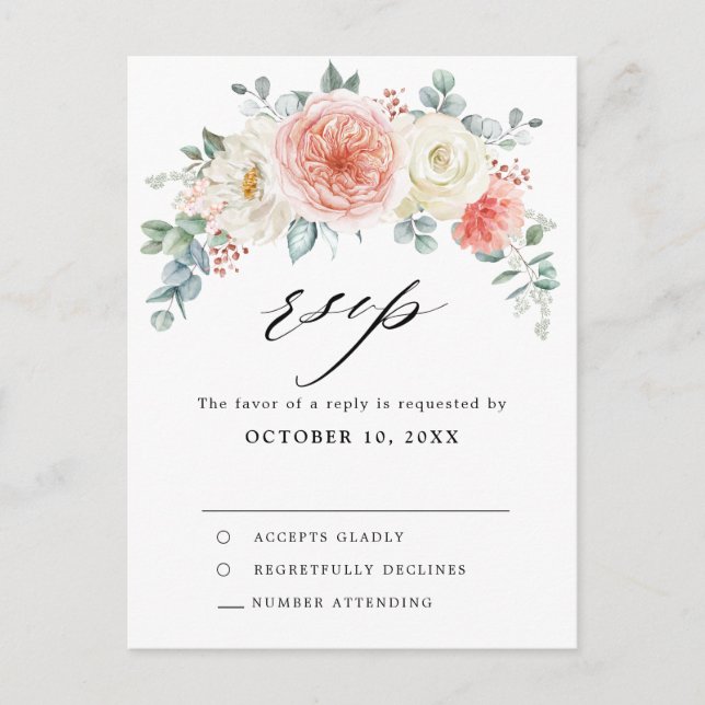 Midsummer Peach Pastel Pink Floral Wedding RSVP Postcard (Front)
