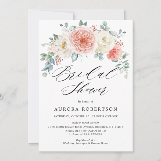 Midsummer Peach Powder Pink Floral Bridal Shower Invitation (Front)