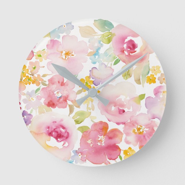 Midsummer | Watercolor Pink Floral Round Clock (Front)