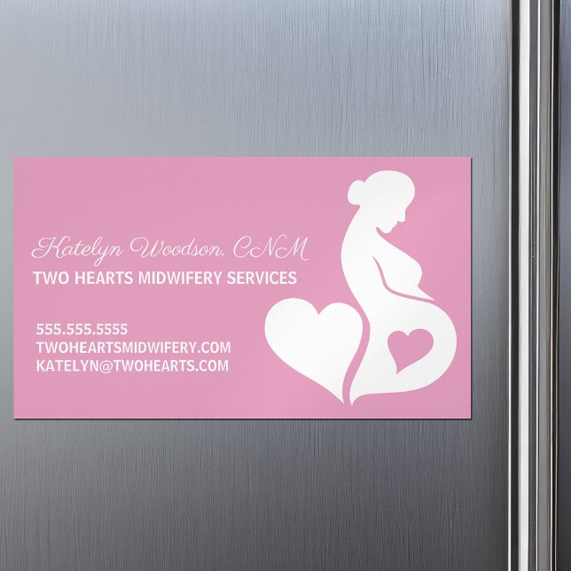 Midwife Beautiful Pregnancy Doula Pink Heart Magnetic Business Card (Creator Uploaded)