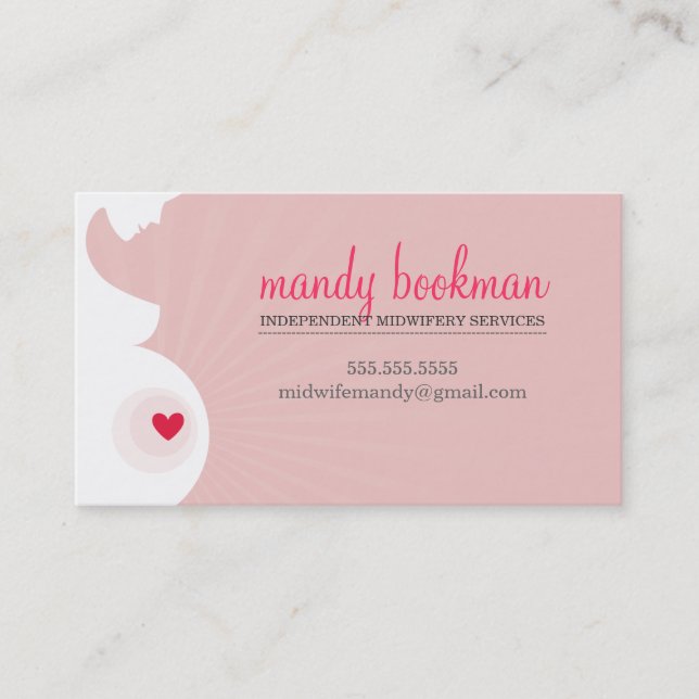MIDWIFE DOULA CARD pregnant belly heart baby pink (Front)