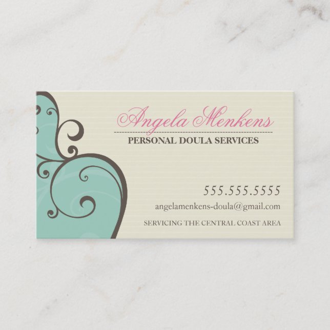 MIDWIFE DOULA creative swirls mint cream brown Business Card (Front)