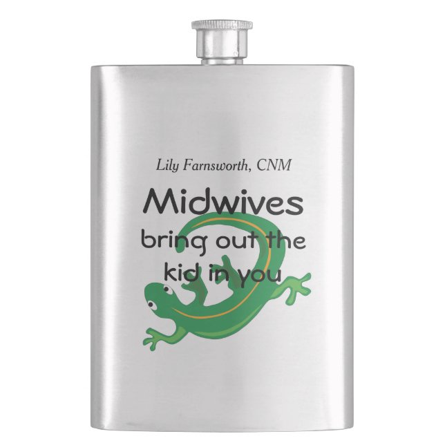 Midwives and Green Lizard Twist Hip Flask (Front)