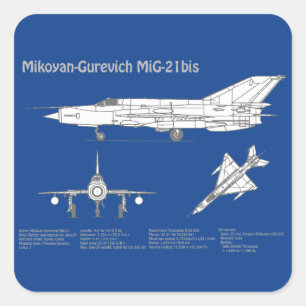 MiG-21 bis - Aeroplane Blueprint Plans ABD Square Sticker
