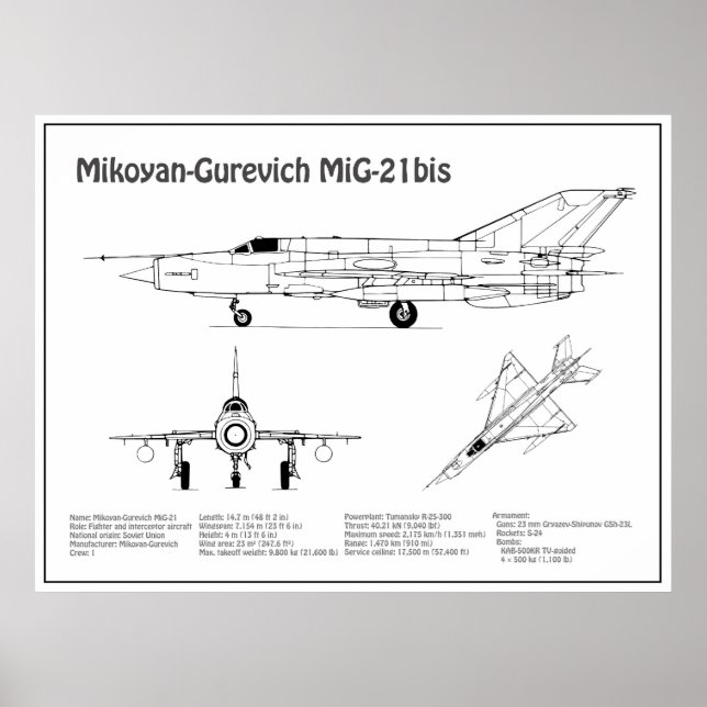 MiG-21 bis - Aeroplane Blueprint Plans BD Poster (Front)