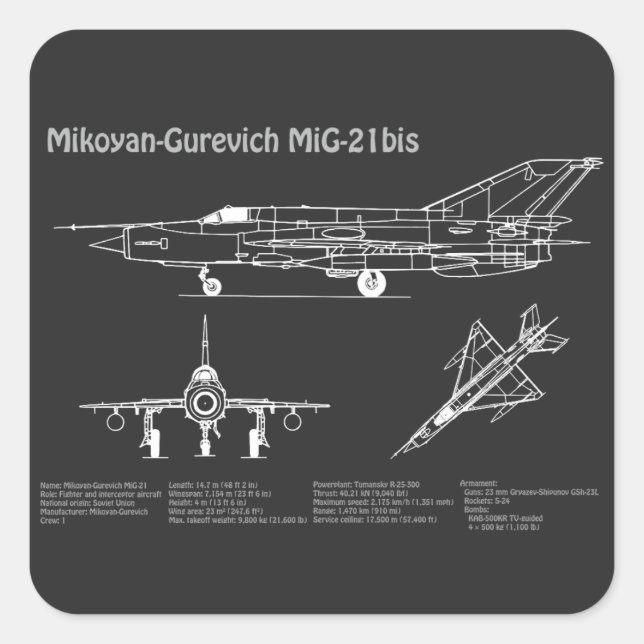 MiG-21 bis - Aeroplane Blueprint Plans PD Square Sticker (Front)