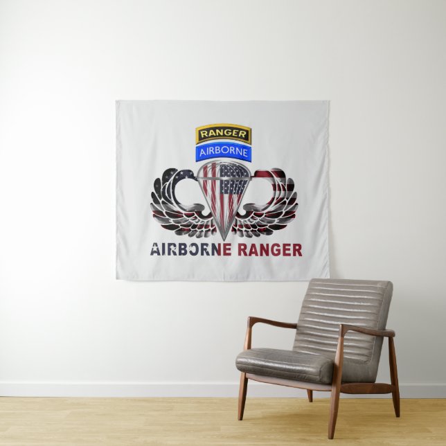 Mighty Airborne Ranger Paratrooper Flag Tapestry (In Situ (Horizontal))