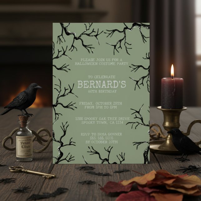 Mighty as the Oak Spooky Adult Birthday Invitation (Spooky Oak Trees Halloween Birthday Invitation for Him. Black & White Scary Oak Tree Illustration)