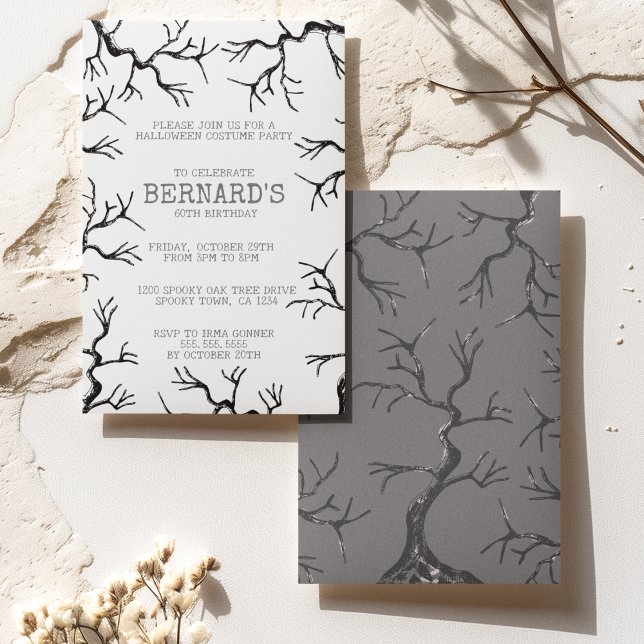 Mighty as the Oak Spooky Adult Birthday Invitation (Spooky Old Oak Trees Hand-Drawn in Black Ink Perfect for an Over the Hill Haunted Birthday Party.)