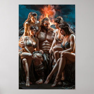 Mighty Barbarian Surrounded by Sexy Women Poster