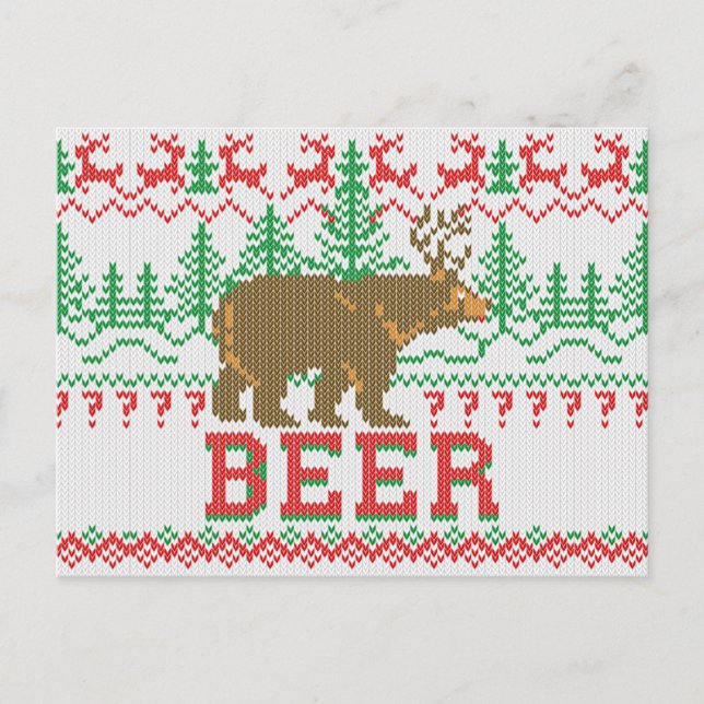 Mighty Bear Deer Beer Christmas Jumper Knit Style Holiday Postcard (Front)
