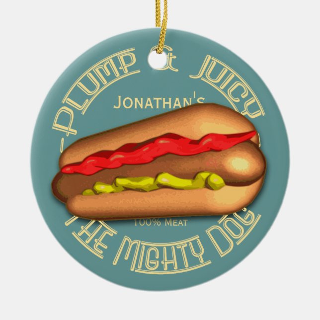 Mighty Dog Hotdog Personalised Ceramic Ornament (Front)