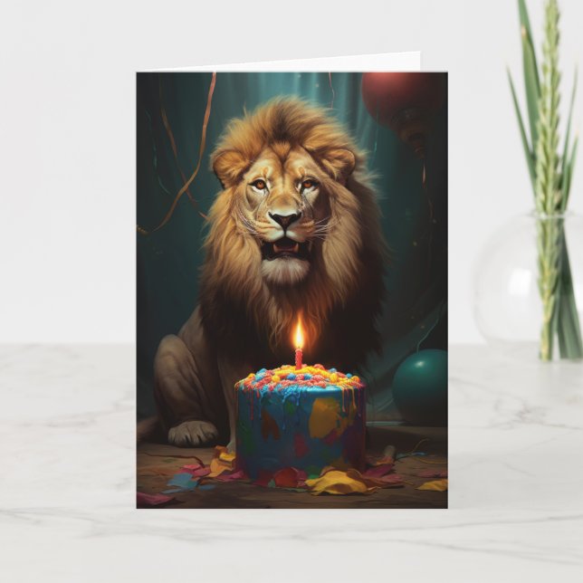Mighty Lion with a Birthday Cake Thank You Card (Front)