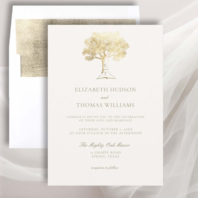 Mighty Oak Faux Gold Monograms Formal Wedding Invitation (golden oak tree wedding invitation fall autumn carved tree rustic formal traditional elegant classic)