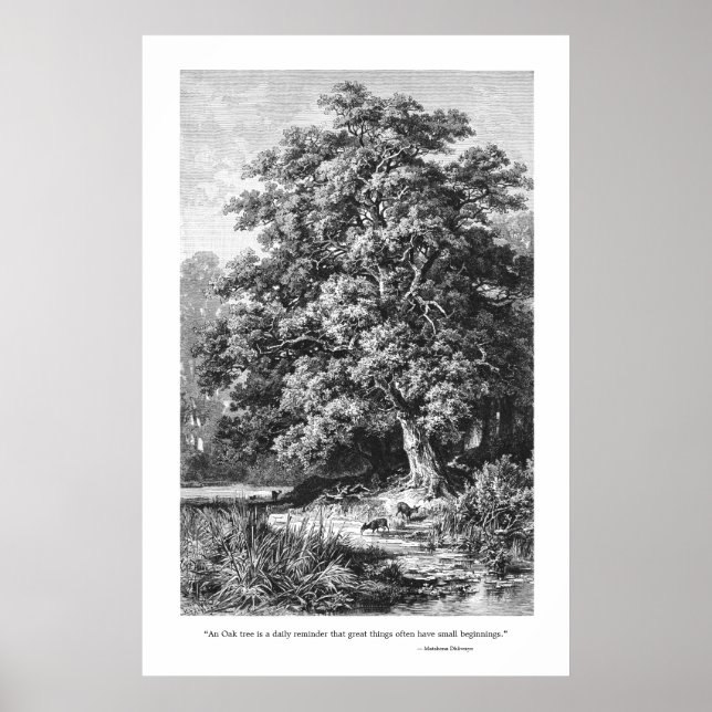 Mighty Oak Tree Inspirational Black & White Poster (Front)