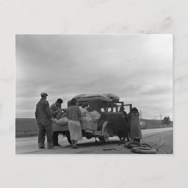 Migrants in 1936 with tire problems postcard (Front)