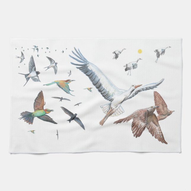 Migratory birds tracing their flights Illustration Tea Towel (Horizontal)