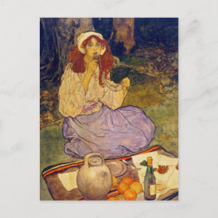 Miguela, kneeling still, put it to her lip postcard
