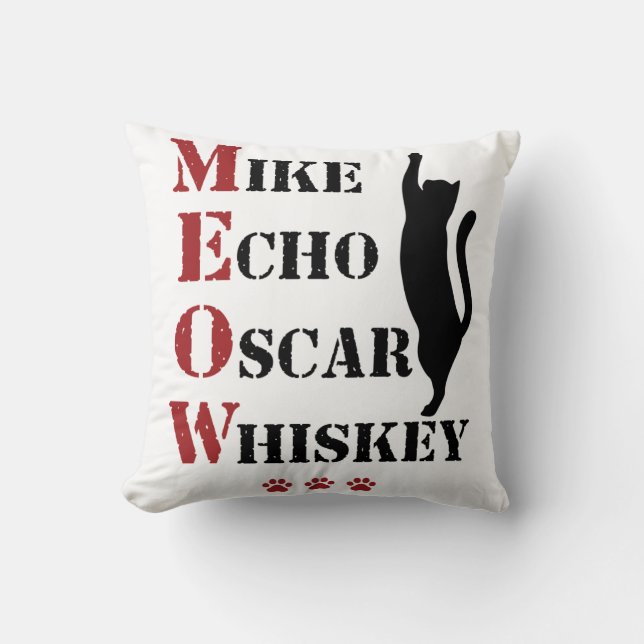 Mike Echo Oscar Whiskey MEOW Cat Cushion (Front)