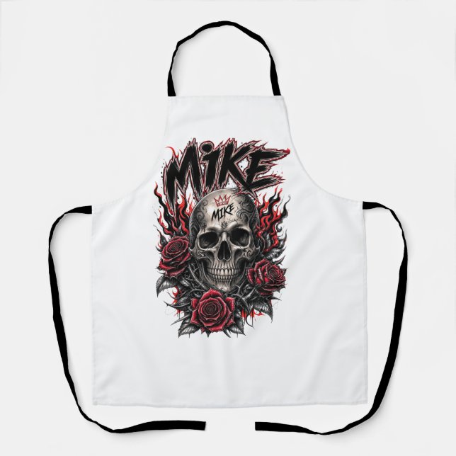 Mike Gothic Skull with Red Roses and Flames Apron (Front)
