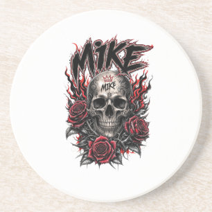 Mike Gothic Skull with Red Roses and Flames Coaster