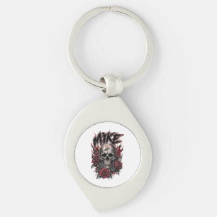 Mike Gothic Skull with Red Roses and Flames Key Ring