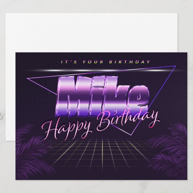Mike last name first name purple retro card birthd (Front/Back)