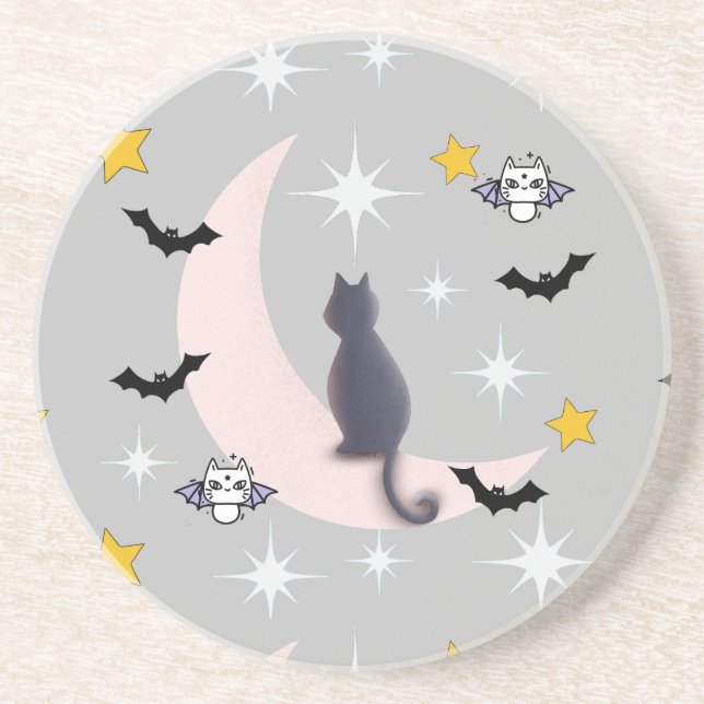 Mikitiez black cat bat halloween fall winter moon coaster (Front)